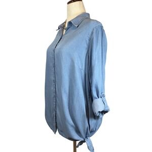 Zac Rachel Chambray Tunic Top L Button Front Roll Tab Sleeve Lyocell Lagenlook